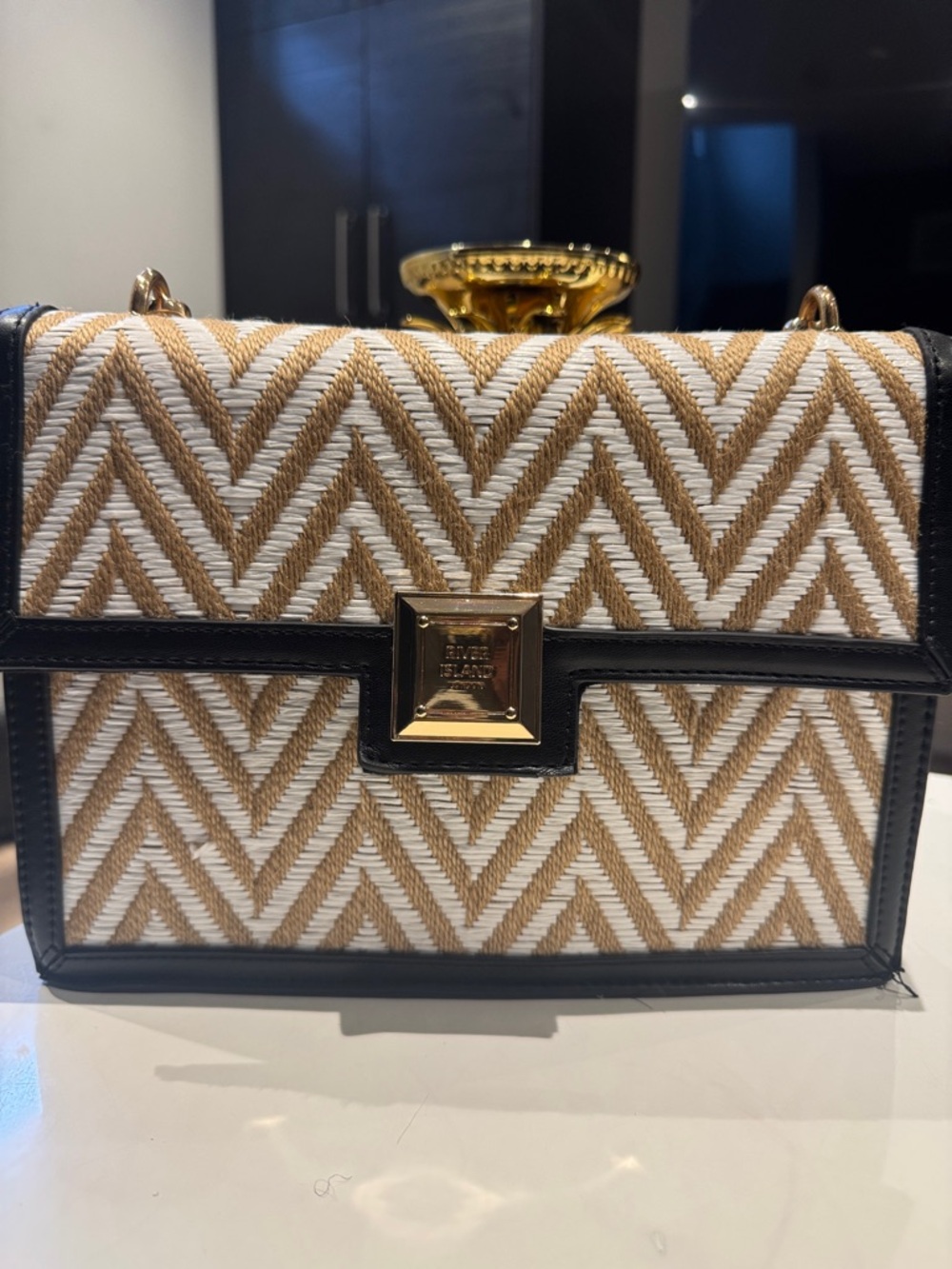River Island White, Tan & Black Chevron Crossbody with Gold Hardware